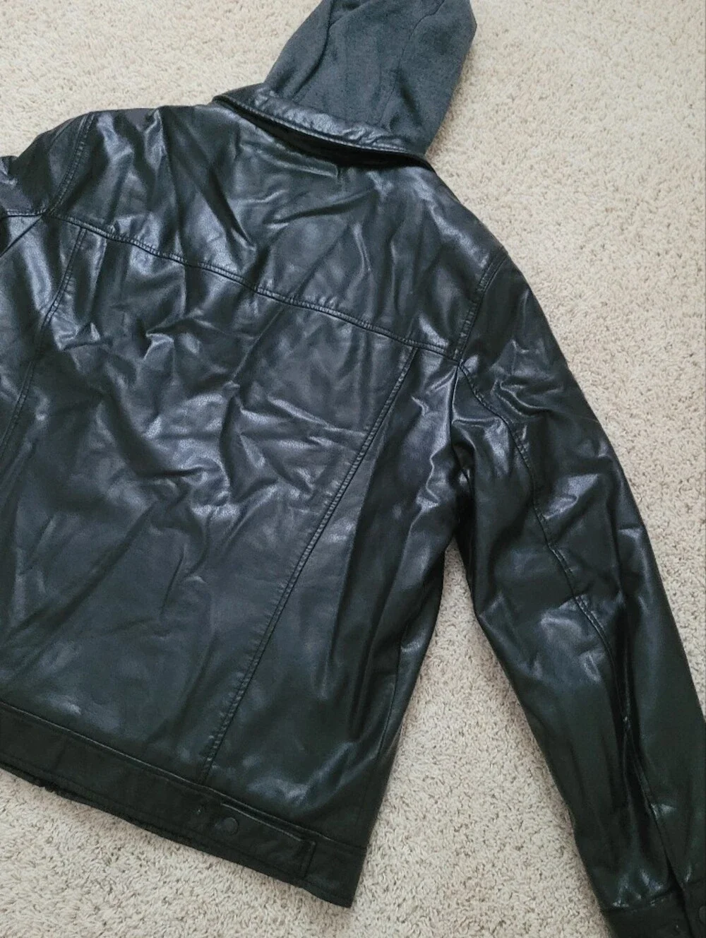 Levi Strauss Mens Black Faux Leather Moto Trucker Hoodie Layer Jacket  L